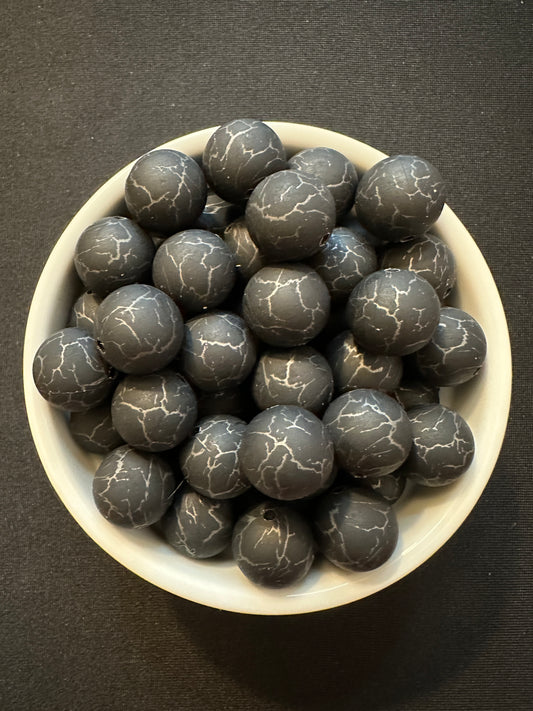 15mm Round Print Design Beads - Black Crackle #C27