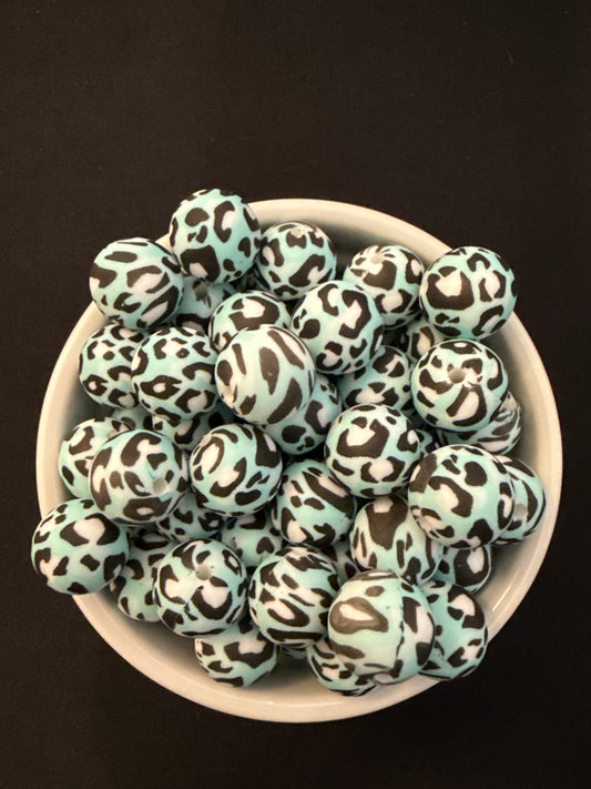 15mm Round Print Design Beads - Light Turquoise Leopard P427