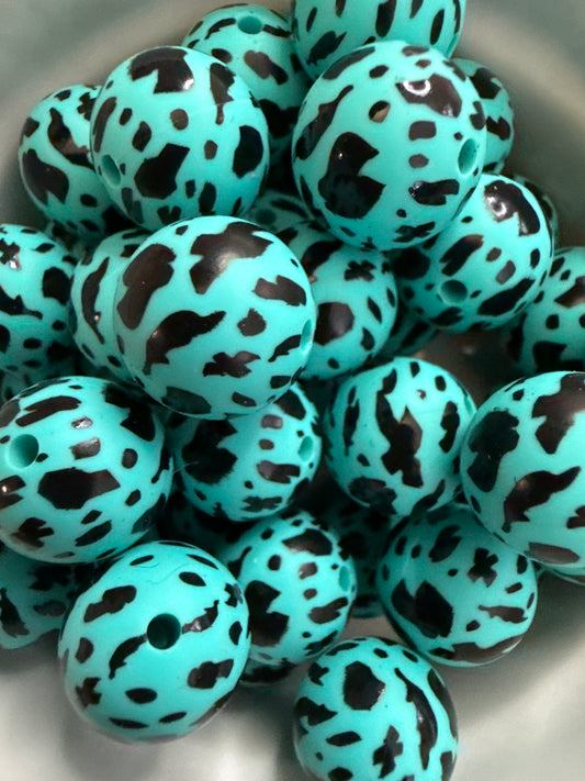 15mm Round Print Design Beads - Turquoise and Black Cow