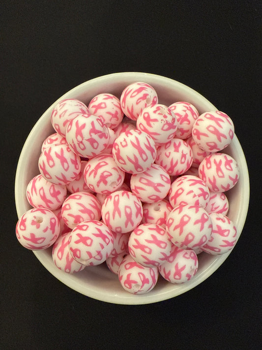 15mm Round Print Design Beads - Pink Awareness Ribbon