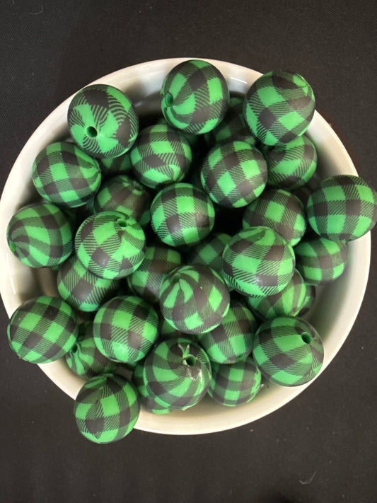 15mm Round Print Design Beads - Green and Black Plaid