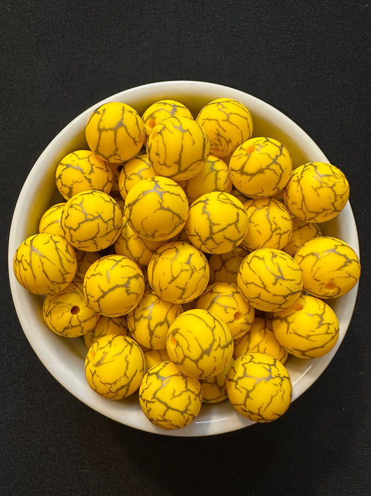 15mm Round Print Design Beads - Bus Yellow Crackle #CK27