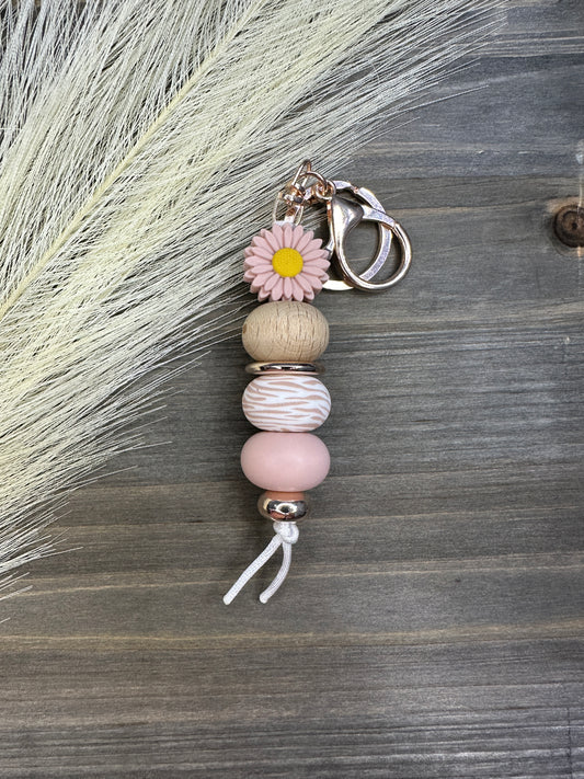 Pale pink daisy zebra stripes keychain