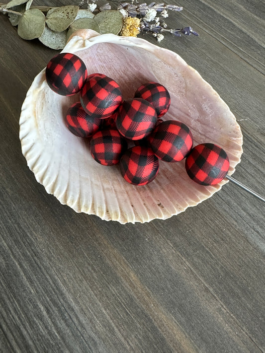 15mm Round Print Design Beads - Red and Black Plaid P53