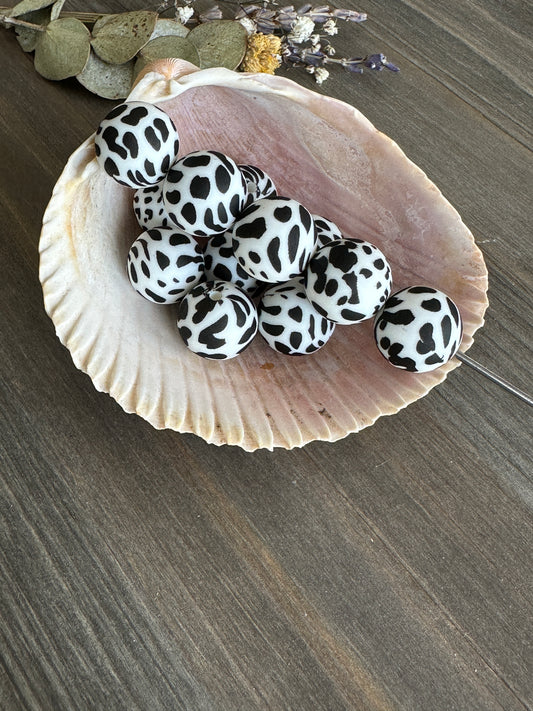 15mm Round Print Design Beads - Black and White Cow P15