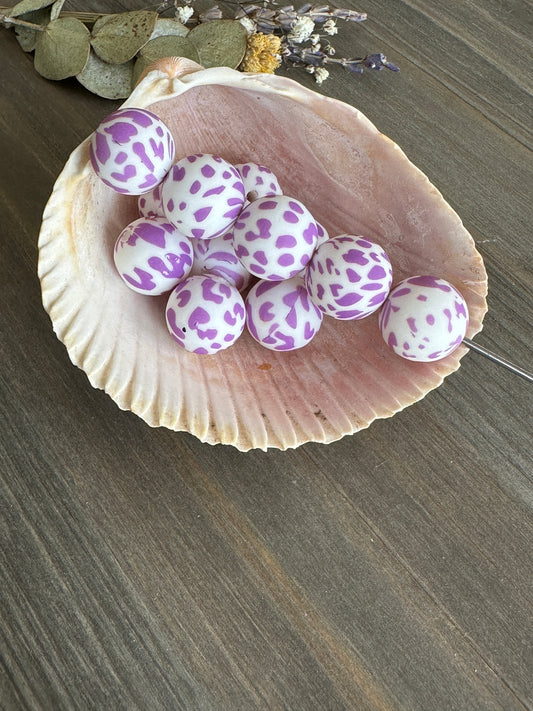 15mm Round Print Design Beads - Purple Cow