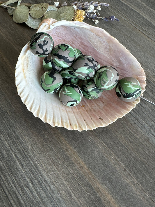 15mm Round Print Design Beads - Green Camo P11